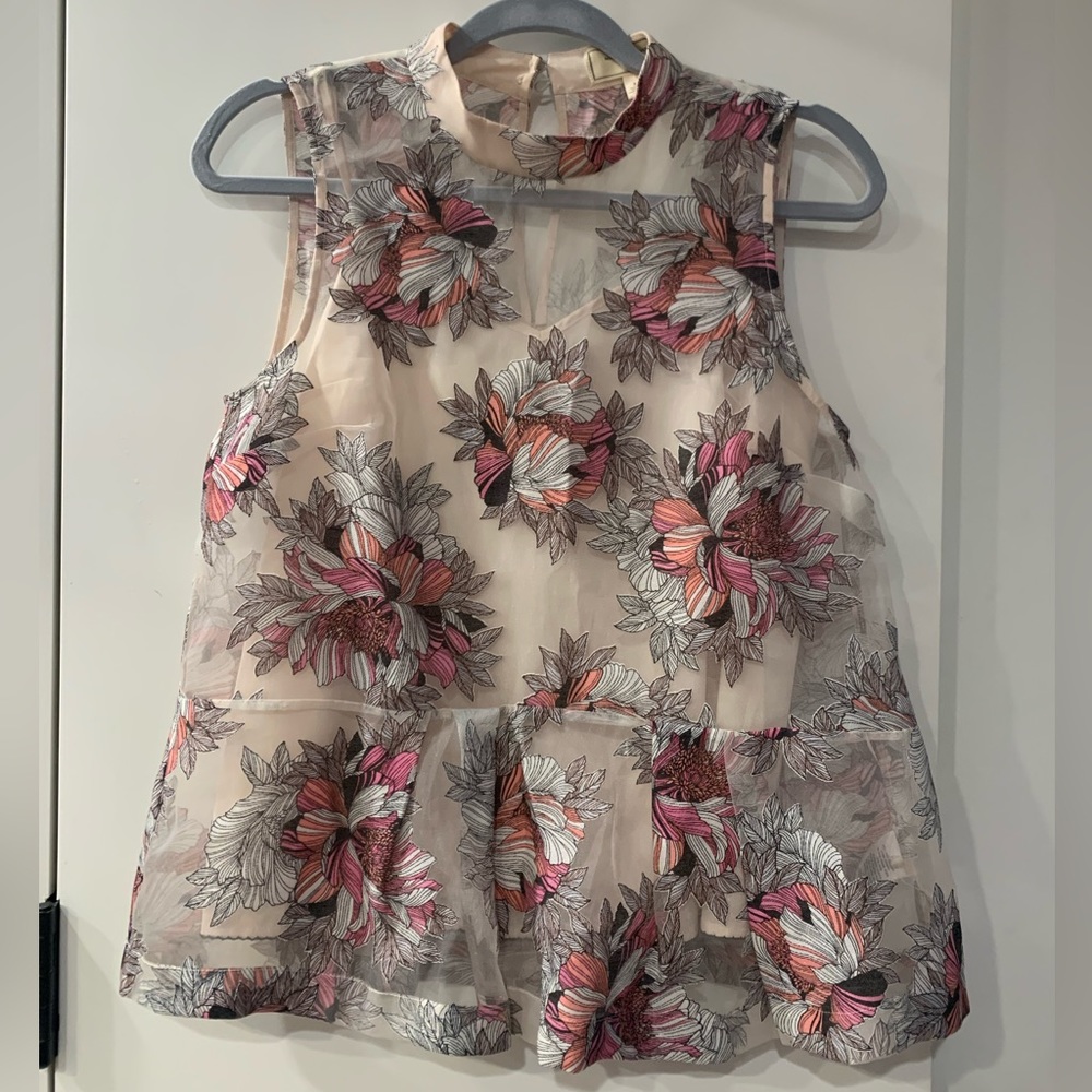 Anthropologie Moulinette Sœurs Floral Sheer Peplum Sleeveless Blouse Top 2
